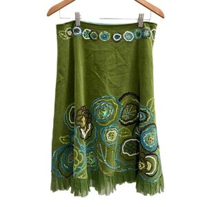 ANTHROPOLOGIE Basil & Maude Beaded Sequin Green A-line Midi Skirt Size 10